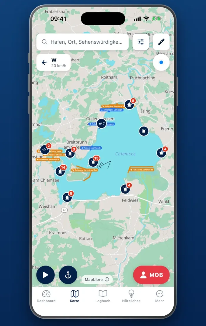 Binnen Skipper auf dem iPhone: Karte des Chiemsees mit Sturmwarnleuchten und Windanzeige